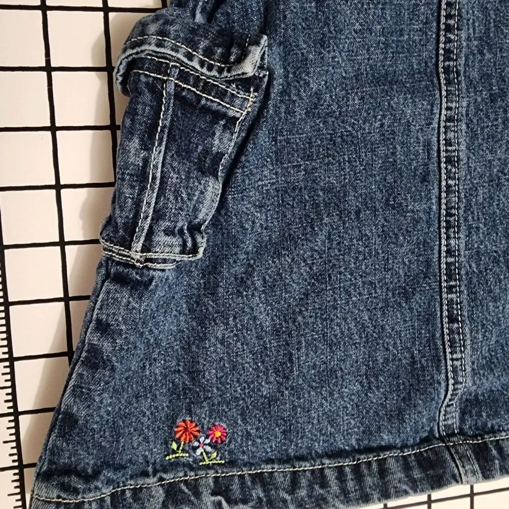 Vintage OshKosh Denim Overall Jumper Dress Embroidered Sunshine Tent Girls 24Mon